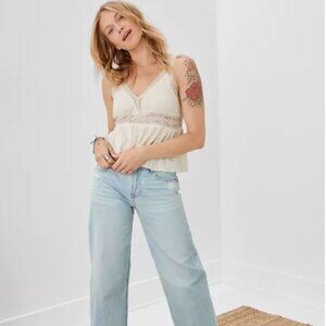 💎NWOT American Eagle Babydoll Tank Top Cream Cotton with Lace Trim